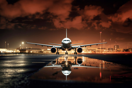 An passengers with airplane takes off from a modern airport in the evening at sunsetの素材
