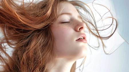 A woman stands with her hair flowing in the wind, showcasing movement and style.の素材