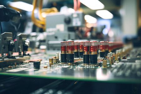 A detailed view of a circuit board with individuals in the distant background. Selective focus. Blurred background.の素材