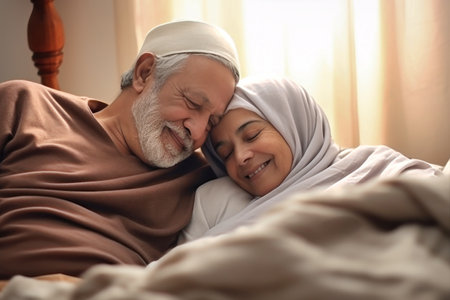 An elderly oriental man and woman lay together in bed, showing love and companionship in their relationship.の素材