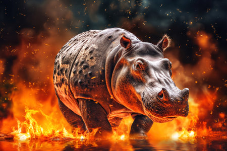 A hippopotamus wades in a body of water while encircled by flames from a forest fire in the background. Forest fire.の素材