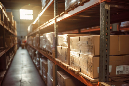 A large warehouse jam-packed with numerous boxes stacked from floor to ceiling.の素材