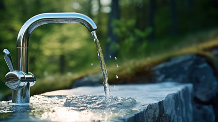 Water streams out of a faucet, emphasizing conservation and resource management.の素材