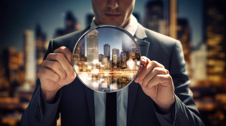 A businessman realtor holds a magnifying glass in front of his face, examining the city through the lens. Mortgage, rental and home sales.の素材