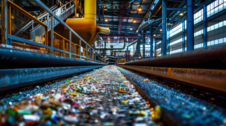 A conveyor belt at a garbage processing plant filled with various types of trash, showing the sorting and recycling process of waste. Selective focus.の素材