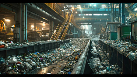 A photograph capturing a significant accumulation of waste in a garbage processing plant, depicting the sorting and recycling of waste. Selective focus.の素材