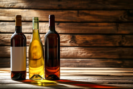 A collection of wine bottles neatly arranged in a row on top of a wooden floor in a cellar, showing the storage of wine production.の素材