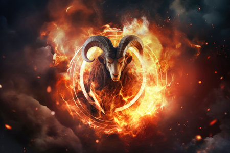 A ram stands in the center of a fiery circle, symbolizing the zodiac sign Capricorn. Zodiac sign Capricornの素材