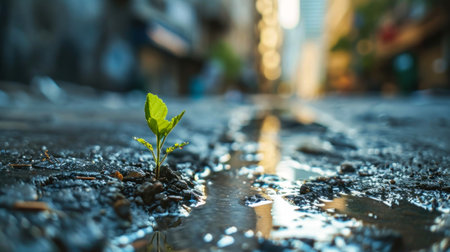 A small green plant sprouting from the asphalt in the city center, illustrating ecology and nature conservation concepts.の素材
