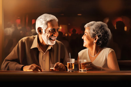 An elderly man and woman sit together, conversing and enjoying drinks at a bar or restaurant.の素材