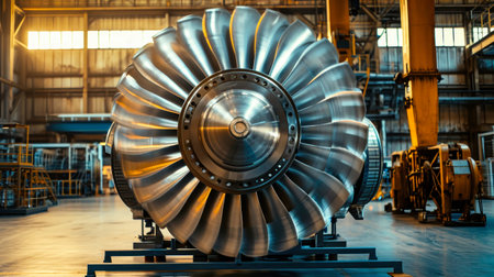 A powerful metallic turbine is seen sitting on top of a table in a factory workshop.の素材