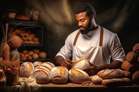 A skilled baker, specializing in homemade bread, proudly displays an assortment of warm loaves on a table. Home bakery. Private business.の素材