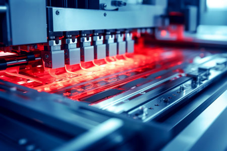 A detailed, up-close photo showing a machine with vibrant red lights. Selective focus. Blurred background.の素材