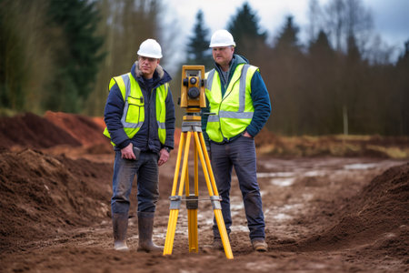Two construction engineer surveyors in safety vests standing by a surveying device, likely a level or theodolite, while working on a project.の素材