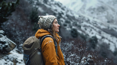 A woman stands with a backpack, looking out at a snow-covered mountain landscape. Active lifestyle. Sports and tourism.の素材