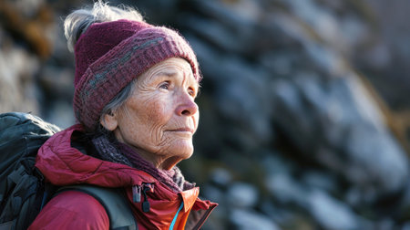 An older woman in a hat and vest, carrying a backpack, strolling through a village. Active lifestyle. Sports and tourism.の素材
