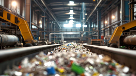 A pile of garbage sits next to a building, awaiting processing at a waste sorting and recycling facility. Selective focus.の素材