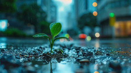 A tree sprout emerges from the ground in the rain in the city center, highlighting ecology and nature conservation.の素材