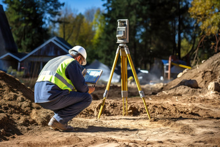 A construction engineer kneels down next to a camera mounted on a tripod, possibly setting up for a surveying task with a level or theodolite.の素材