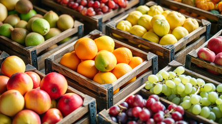 Three wooden crates filled with a variety of fresh fruits displayed at a market.の素材