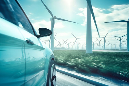 An electric car gracefully passes by windmills as it speeds down a scenic road. Selective focus.の素材