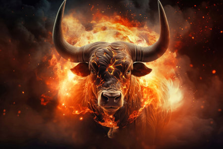 A bull with large horns stands in front of a ball of fire. Zodiac sign Taurus.の素材