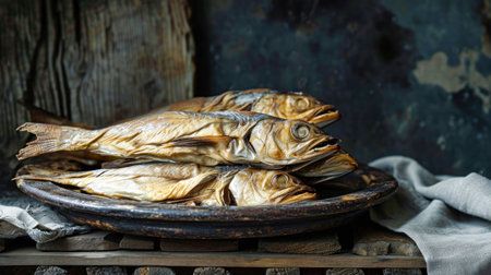 A plate filled with a variety of smoked fish sits on top of a table.の素材