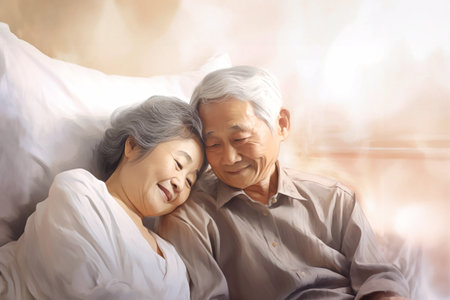 An elderly Asian man and woman are laying together on a bed, showcasing love and companionship in their golden years.の素材