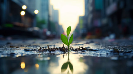 A tree sprout emerges from the asphalt in the city center, highlighting ecology and nature conservation.の素材