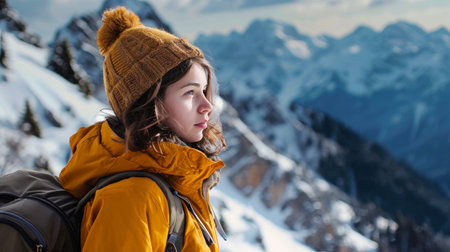 A person wearing a yellow jacket and a backpack, standing against a mountain backdrop. Active lifestyle. Sports and tourism.の素材