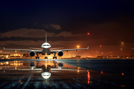 Passenger plane on the runway. Airplane landing against sunset background. Air passenger transportationの素材