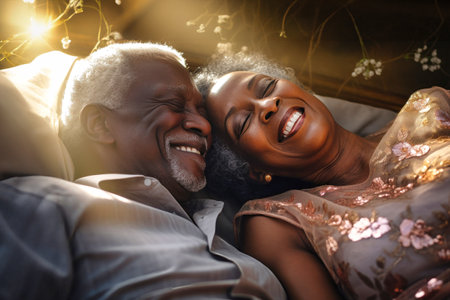 An elderly dark-skinned man and woman lay side by side in bed, expressing love and closeness.の素材