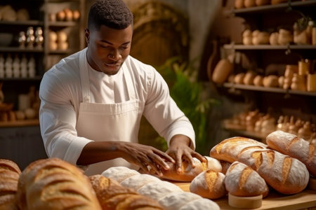 A talented dark-skinned male baker diligently crafts delicious bread in his own bakery. Home bakery. Private business.の素材