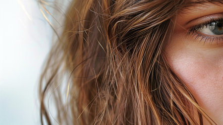 Close-up view of a womans ear with her hair gently swaying in the wind, showcasing hair care and stylish look.の素材
