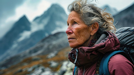 An older woman in a hat and vest, carrying a backpack, strolling through a village. Active lifestyle. Sports and tourism.の素材