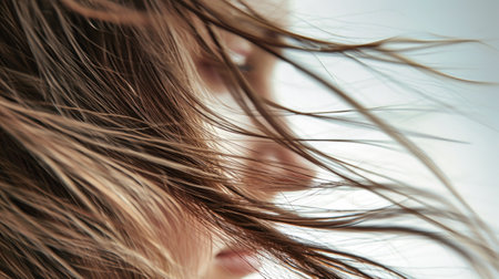 A womans head with long hair blowing in the wind, showcasing hair care and style.の素材