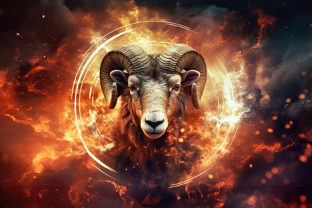 A ram inside a circle, engulfed by flames.の素材