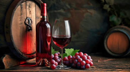 Bottles of wine are seen sitting next to a barrel in a cellar, showcasing wine production and storage.の素材