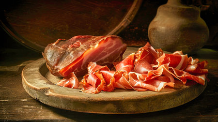 Enjoy a delectable assortment of different types of meat, including the finest Jamon and ham, displayed tastefully on a table.の素材