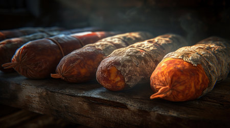 A mouthwatering assortment showcasing a pile of different types of sausages, including smoked, farm, and homemade varieties.の素材