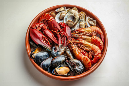 A delectable bowl filled with a variety of fresh seafood and mussels set against a clean white backdrop.の素材