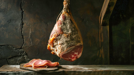 A succulent piece of meat hangs from a hook, showing the quality and freshness of farm-produced jamon ham.の素材