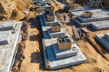Monolithic reinforced concrete foundation for the construction of a residential building. Rostverk at the construction site. Construction pit with foundation after formwork removalの写真素材