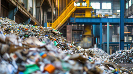 A photo showing a large amount of trash stacked inside a waste processing building, highlighting the sorting and recycling of waste. Selective focus.の素材