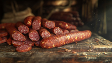 A collection of different types of sausages, including homemade and smoked varieties, displayed on a cloth.の素材