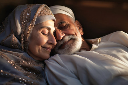 An elderly oriental man and woman, a couple in love, are laying down together.の素材