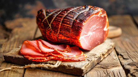 A captivating photo showing a variety of mouthwatering meats, including Jamon and ham, meticulously arranged on a wooden cutting board.の素材