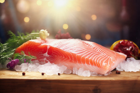 A fresh piece of fish sits on top of a cutting board next to a bowl of in this appetizing photo.の素材