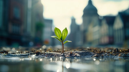A tree sprout emerges from the asphalt in the city center, symbolizing nature conservation and ecology efforts.の素材