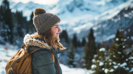 A woman with a backpack standing in the snow in a mountainous landscape. Active lifestyle. Sports and tourism.の素材